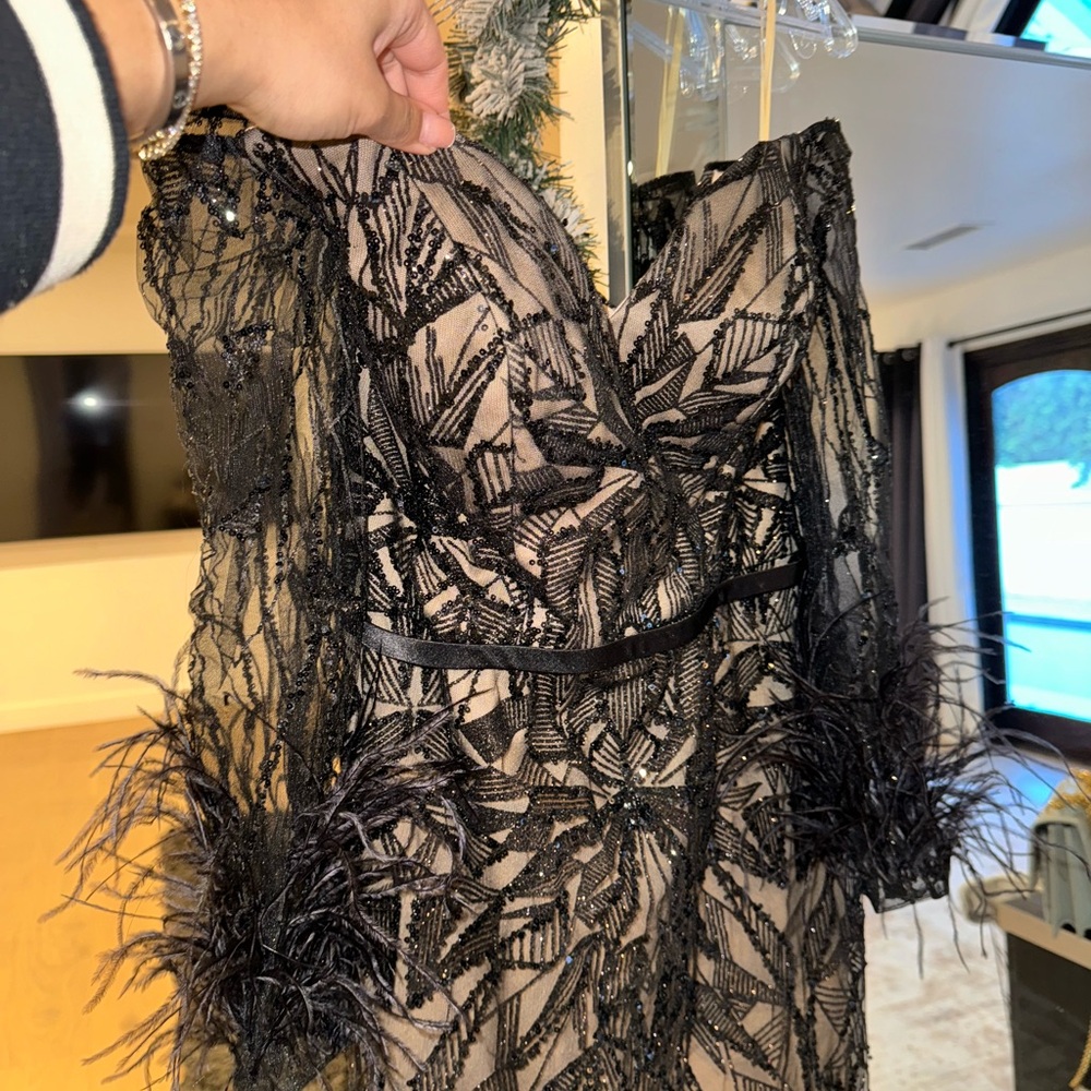 HermZ black evening feather sequin gown
